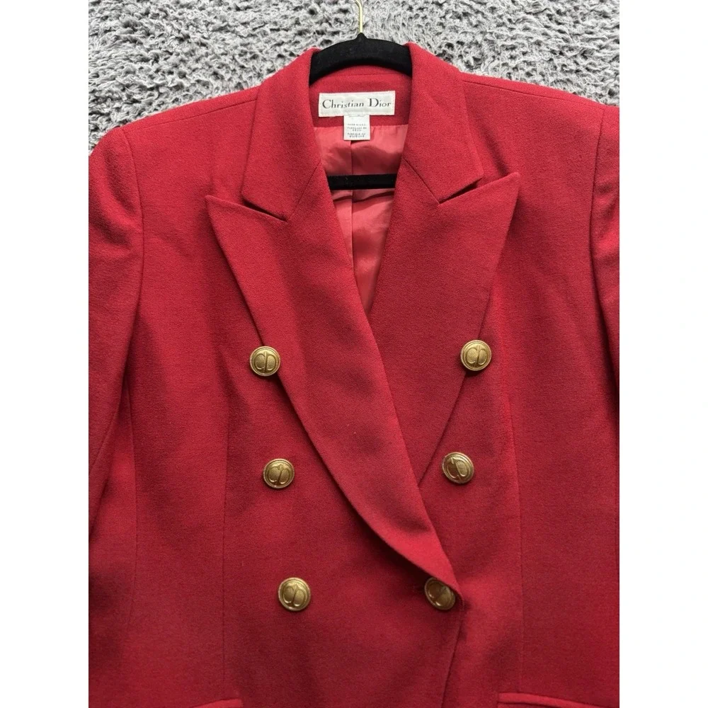 Vintage Christian Dior Red Double Breasted Blazer‎ Jacket Gold Logo Buttons